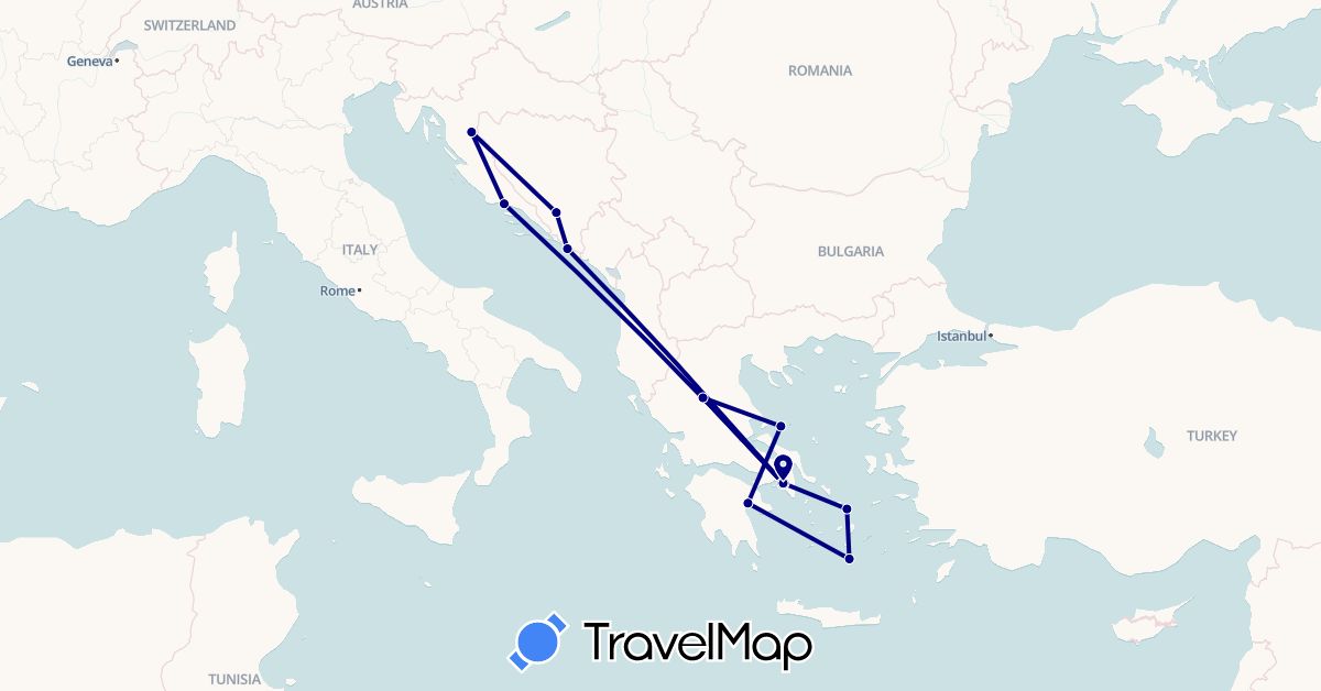 TravelMap itinerary: driving in Bosnia and Herzegovina, Greece, Croatia (Europe)